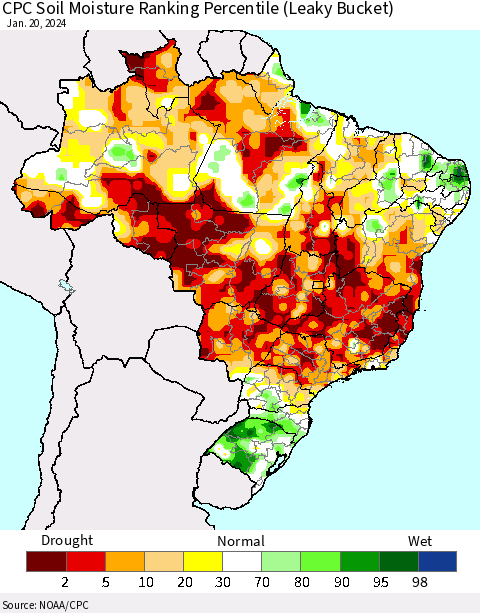 Brazil CPC Soil Moisture Ranking Percentile (Leaky Bucket) Thematic Map For 1/16/2024 - 1/20/2024