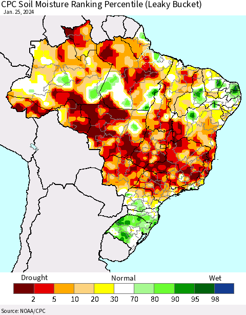 Brazil CPC Soil Moisture Ranking Percentile (Leaky Bucket) Thematic Map For 1/21/2024 - 1/25/2024