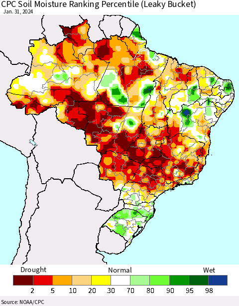 Brazil CPC Soil Moisture Ranking Percentile (Leaky Bucket) Thematic Map For 1/26/2024 - 1/31/2024