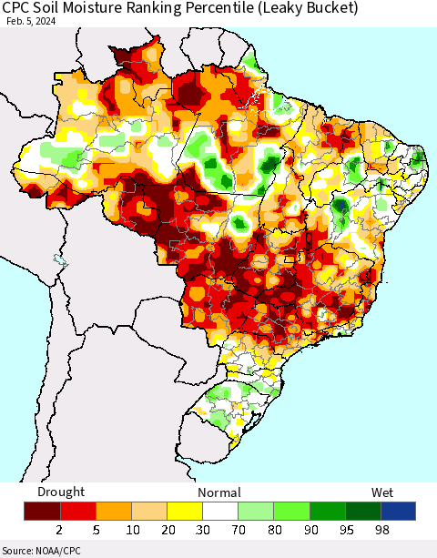 Brazil CPC Soil Moisture Ranking Percentile (Leaky Bucket) Thematic Map For 2/1/2024 - 2/5/2024