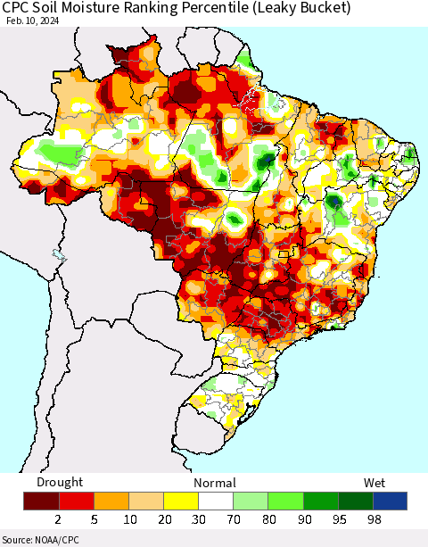 Brazil CPC Soil Moisture Ranking Percentile (Leaky Bucket) Thematic Map For 2/6/2024 - 2/10/2024