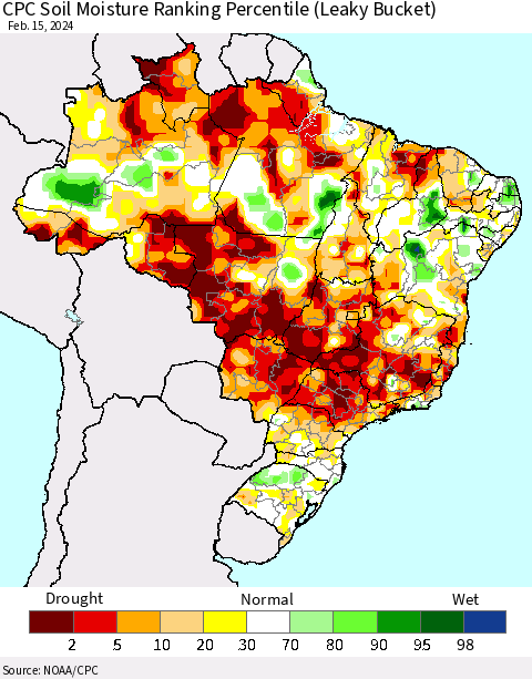 Brazil CPC Soil Moisture Ranking Percentile (Leaky Bucket) Thematic Map For 2/11/2024 - 2/15/2024