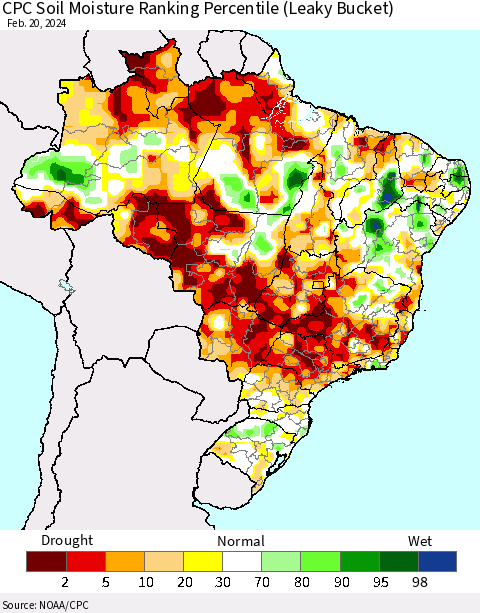 Brazil CPC Soil Moisture Ranking Percentile (Leaky Bucket) Thematic Map For 2/16/2024 - 2/20/2024