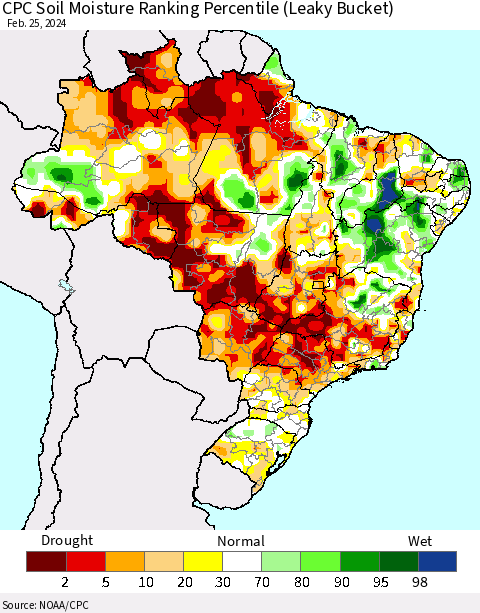 Brazil CPC Soil Moisture Ranking Percentile (Leaky Bucket) Thematic Map For 2/21/2024 - 2/25/2024