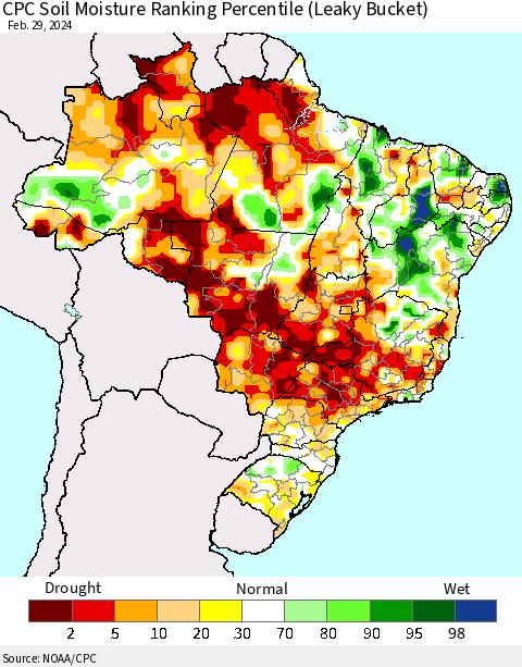 Brazil CPC Soil Moisture Ranking Percentile (Leaky Bucket) Thematic Map For 2/26/2024 - 2/29/2024
