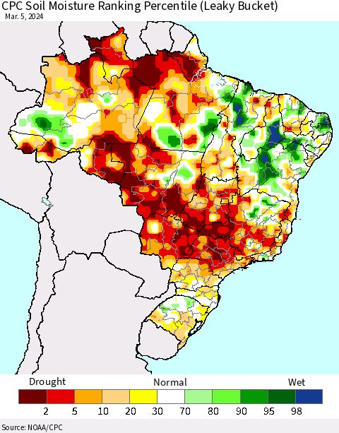 Brazil CPC Soil Moisture Ranking Percentile (Leaky Bucket) Thematic Map For 3/1/2024 - 3/5/2024