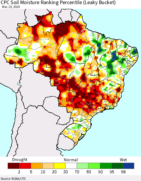 Brazil CPC Soil Moisture Ranking Percentile (Leaky Bucket) Thematic Map For 3/6/2024 - 3/10/2024