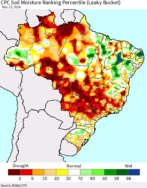 Brazil CPC Soil Moisture Ranking Percentile (Leaky Bucket) Thematic Map For 3/11/2024 - 3/15/2024