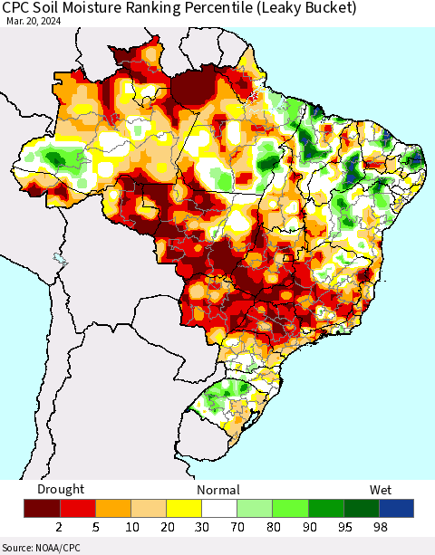 Brazil CPC Soil Moisture Ranking Percentile (Leaky Bucket) Thematic Map For 3/16/2024 - 3/20/2024