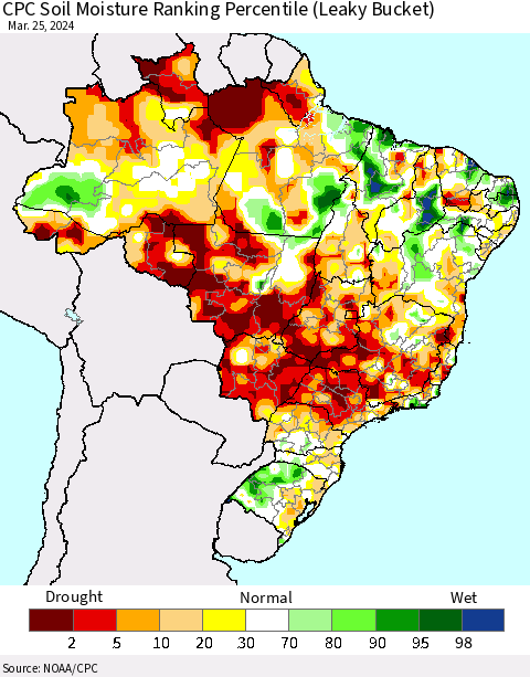 Brazil CPC Soil Moisture Ranking Percentile (Leaky Bucket) Thematic Map For 3/21/2024 - 3/25/2024