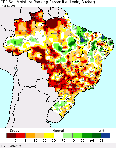 Brazil CPC Soil Moisture Ranking Percentile (Leaky Bucket) Thematic Map For 3/26/2024 - 3/31/2024