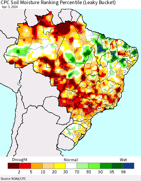 Brazil CPC Soil Moisture Ranking Percentile (Leaky Bucket) Thematic Map For 4/1/2024 - 4/5/2024