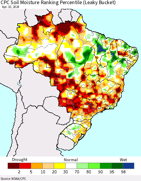 Brazil CPC Soil Moisture Ranking Percentile (Leaky Bucket) Thematic Map For 4/6/2024 - 4/10/2024
