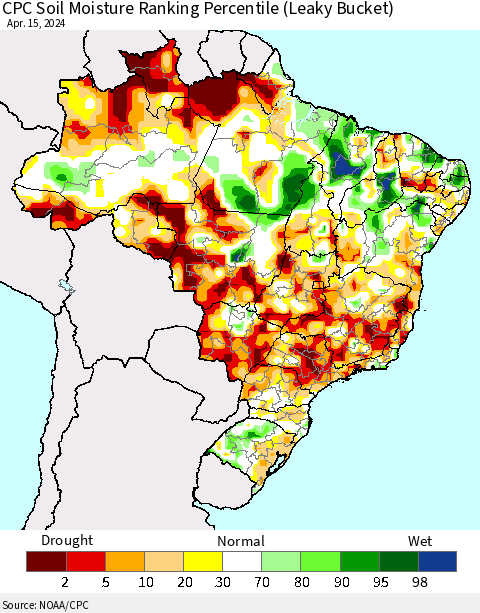 Brazil CPC Soil Moisture Ranking Percentile (Leaky Bucket) Thematic Map For 4/11/2024 - 4/15/2024