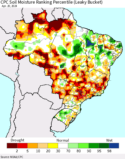 Brazil CPC Soil Moisture Ranking Percentile (Leaky Bucket) Thematic Map For 4/16/2024 - 4/20/2024