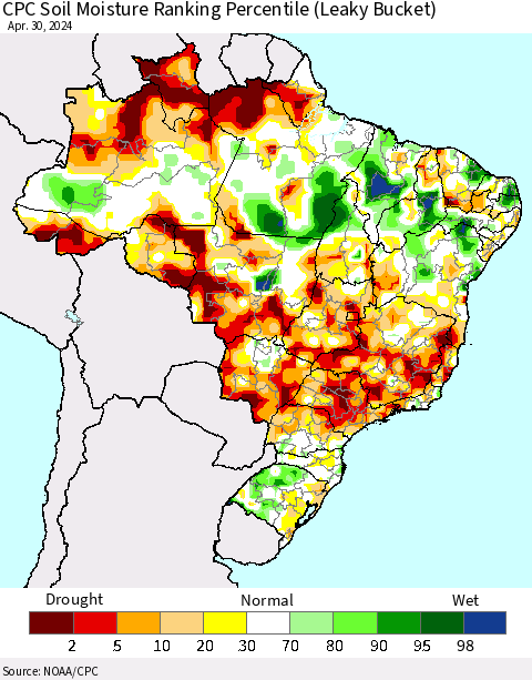 Brazil CPC Soil Moisture Ranking Percentile (Leaky Bucket) Thematic Map For 4/26/2024 - 4/30/2024