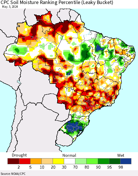 Brazil CPC Soil Moisture Ranking Percentile (Leaky Bucket) Thematic Map For 5/1/2024 - 5/5/2024