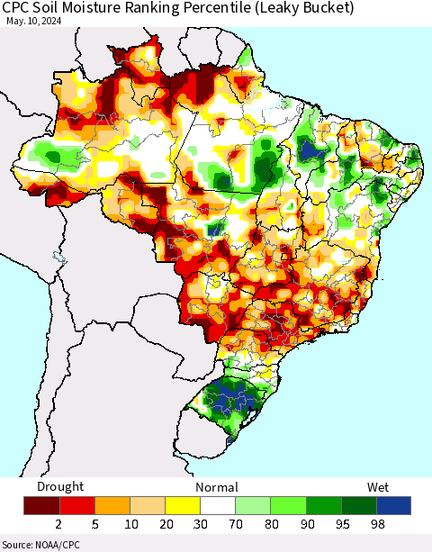 Brazil CPC Soil Moisture Ranking Percentile (Leaky Bucket) Thematic Map For 5/6/2024 - 5/10/2024
