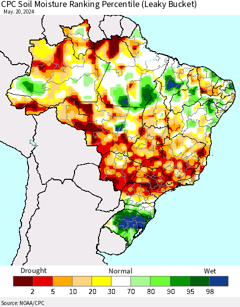 Brazil CPC Soil Moisture Ranking Percentile (Leaky Bucket) Thematic Map For 5/16/2024 - 5/20/2024