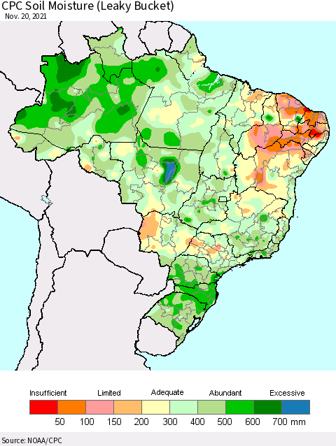 Brazil CPC Soil Moisture (Leaky Bucket) Thematic Map For 11/16/2021 - 11/20/2021