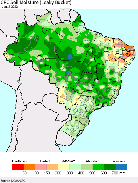 Brazil CPC Soil Moisture (Leaky Bucket) Thematic Map For 1/1/2022 - 1/5/2022