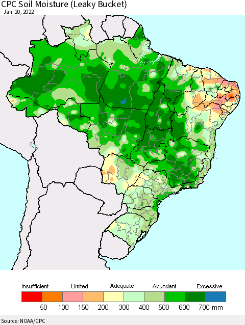 Brazil CPC Soil Moisture (Leaky Bucket) Thematic Map For 1/16/2022 - 1/20/2022