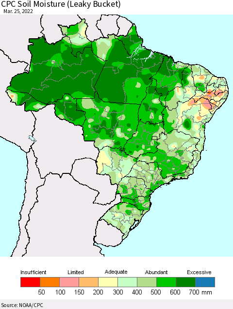 Brazil CPC Soil Moisture (Leaky Bucket) Thematic Map For 3/21/2022 - 3/25/2022