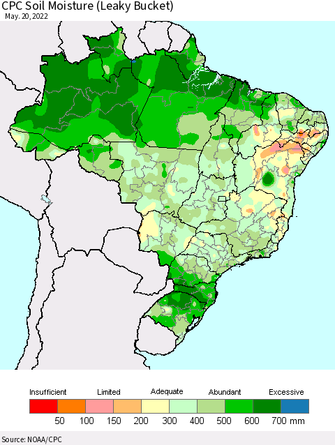 Brazil CPC Soil Moisture (Leaky Bucket) Thematic Map For 5/16/2022 - 5/20/2022