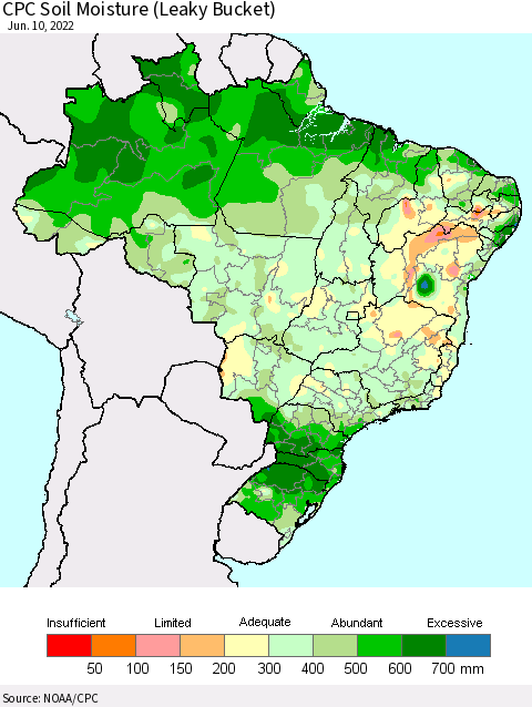 Brazil CPC Soil Moisture (Leaky Bucket) Thematic Map For 6/6/2022 - 6/10/2022