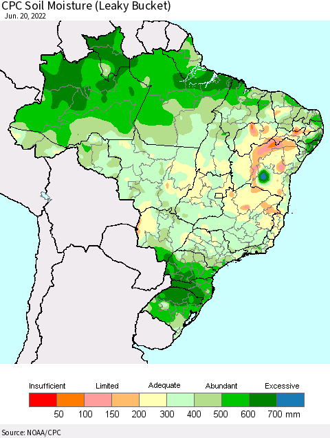 Brazil CPC Soil Moisture (Leaky Bucket) Thematic Map For 6/16/2022 - 6/20/2022