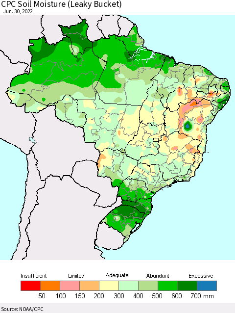 Brazil CPC Soil Moisture (Leaky Bucket) Thematic Map For 6/26/2022 - 6/30/2022