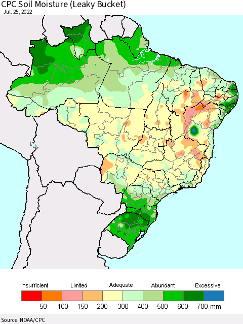 Brazil CPC Soil Moisture (Leaky Bucket) Thematic Map For 7/21/2022 - 7/25/2022