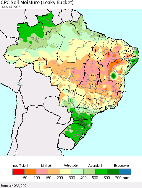 Brazil CPC Soil Moisture (Leaky Bucket) Thematic Map For 9/11/2022 - 9/15/2022