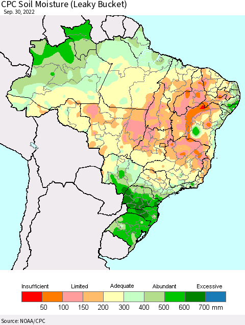 Brazil CPC Soil Moisture (Leaky Bucket) Thematic Map For 9/26/2022 - 9/30/2022