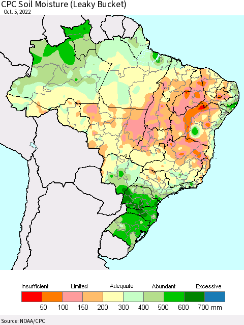 Brazil CPC Soil Moisture (Leaky Bucket) Thematic Map For 10/1/2022 - 10/5/2022