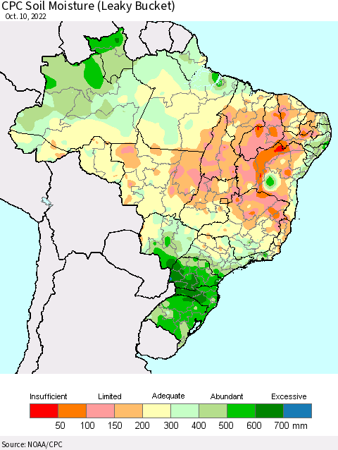 Brazil CPC Soil Moisture (Leaky Bucket) Thematic Map For 10/6/2022 - 10/10/2022