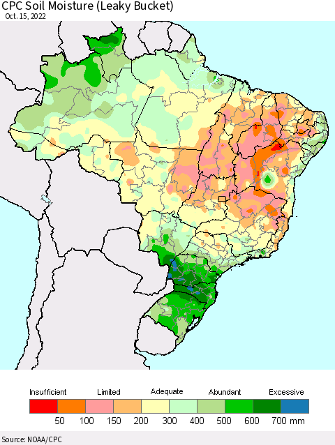 Brazil CPC Soil Moisture (Leaky Bucket) Thematic Map For 10/11/2022 - 10/15/2022