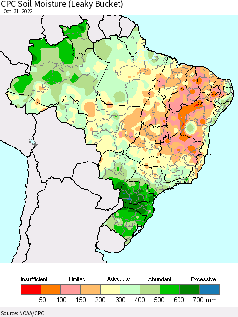 Brazil CPC Soil Moisture (Leaky Bucket) Thematic Map For 10/26/2022 - 10/31/2022
