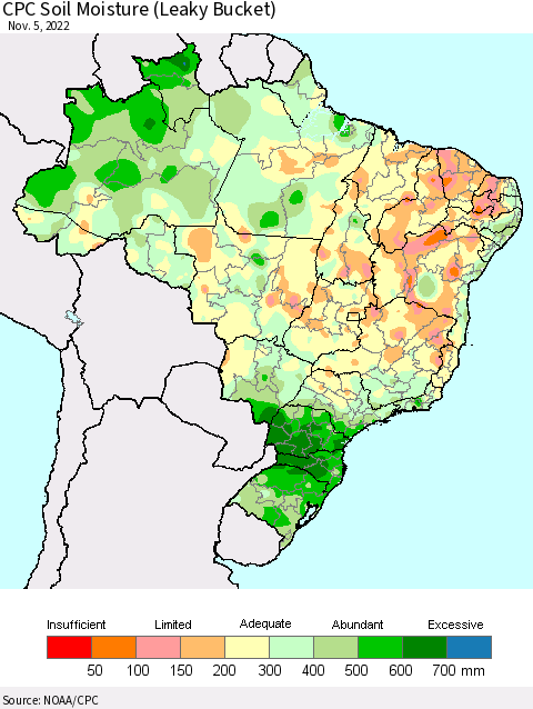 Brazil CPC Soil Moisture (Leaky Bucket) Thematic Map For 11/1/2022 - 11/5/2022