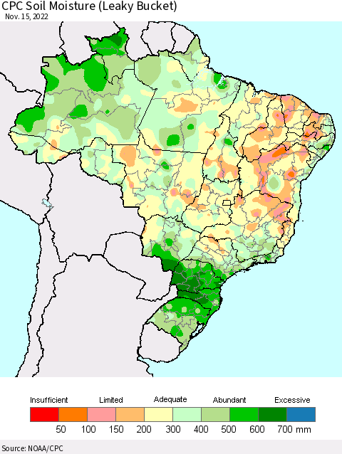 Brazil CPC Soil Moisture (Leaky Bucket) Thematic Map For 11/11/2022 - 11/15/2022