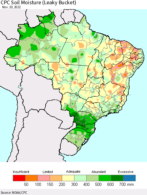 Brazil CPC Soil Moisture (Leaky Bucket) Thematic Map For 11/16/2022 - 11/20/2022