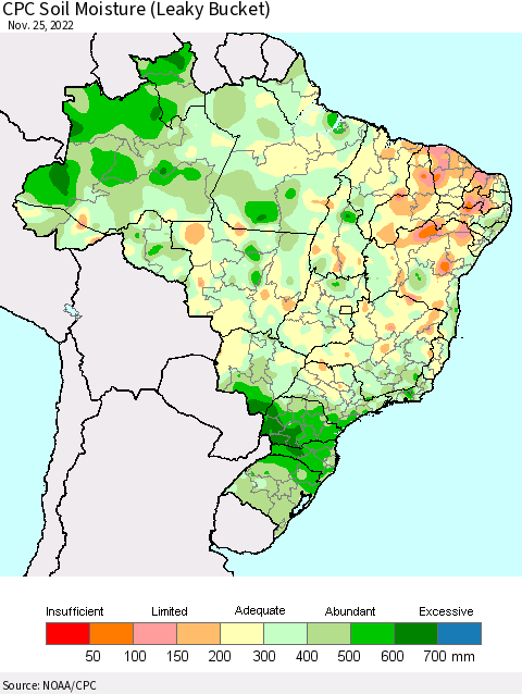 Brazil CPC Soil Moisture (Leaky Bucket) Thematic Map For 11/21/2022 - 11/25/2022