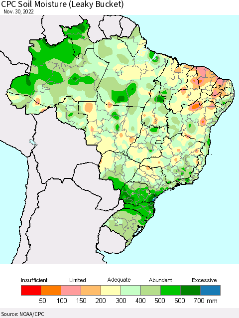 Brazil CPC Soil Moisture (Leaky Bucket) Thematic Map For 11/26/2022 - 11/30/2022