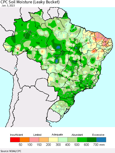 Brazil CPC Soil Moisture (Leaky Bucket) Thematic Map For 1/1/2023 - 1/5/2023