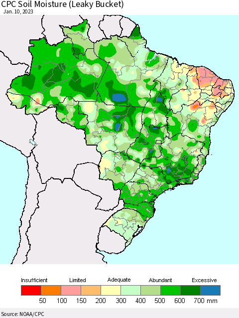 Brazil CPC Soil Moisture (Leaky Bucket) Thematic Map For 1/6/2023 - 1/10/2023