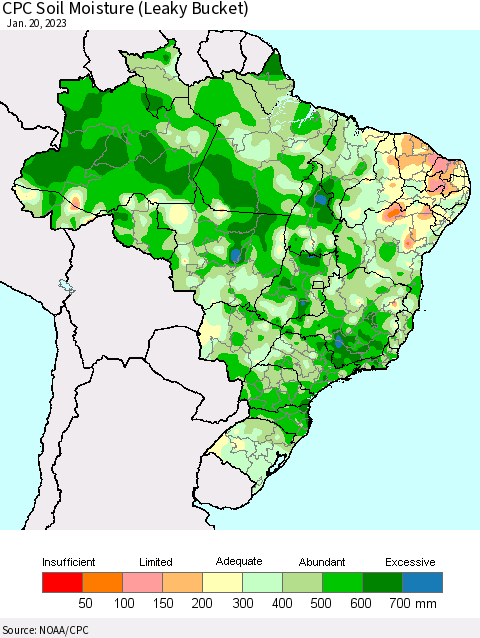 Brazil CPC Soil Moisture (Leaky Bucket) Thematic Map For 1/16/2023 - 1/20/2023