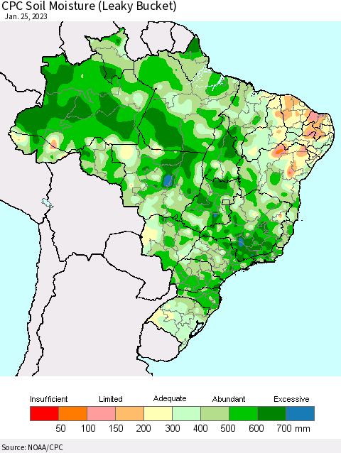 Brazil CPC Soil Moisture (Leaky Bucket) Thematic Map For 1/21/2023 - 1/25/2023