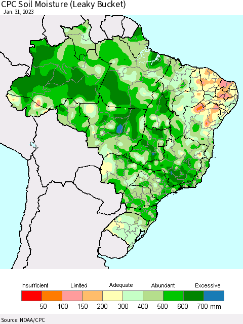 Brazil CPC Soil Moisture (Leaky Bucket) Thematic Map For 1/26/2023 - 1/31/2023