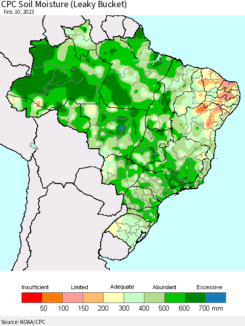 Brazil CPC Soil Moisture (Leaky Bucket) Thematic Map For 2/6/2023 - 2/10/2023