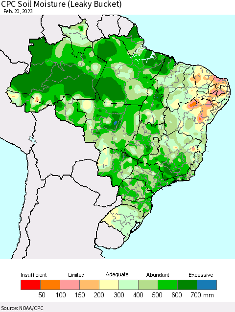 Brazil CPC Soil Moisture (Leaky Bucket) Thematic Map For 2/16/2023 - 2/20/2023